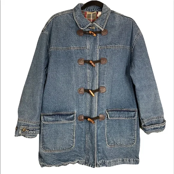 Vintage Liz Claiborne Toggle Heavy Plaid Lined 100% Cotton Jean Jacket Coat Sz M - Picture 7 of 16